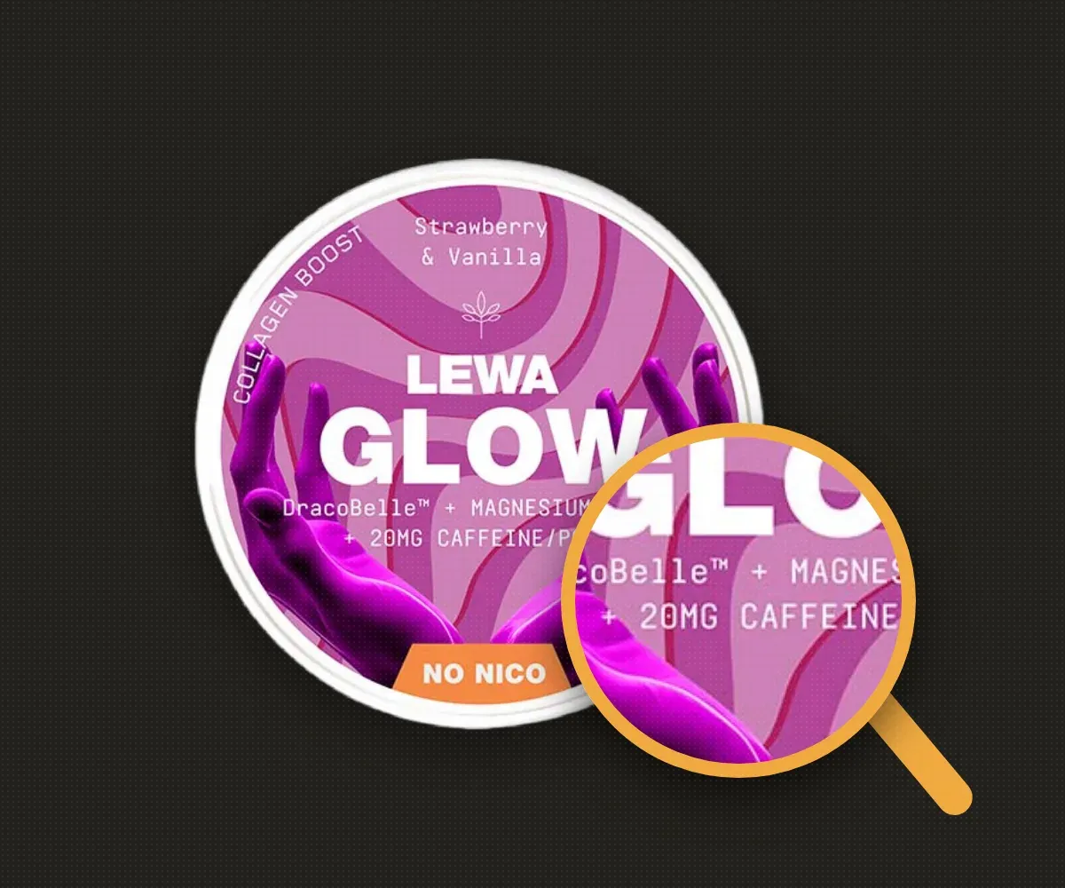 Una lupa sobre la etiqueta de una lata de LEWA GLOW que indica 20 mg de cafeína por bolsita