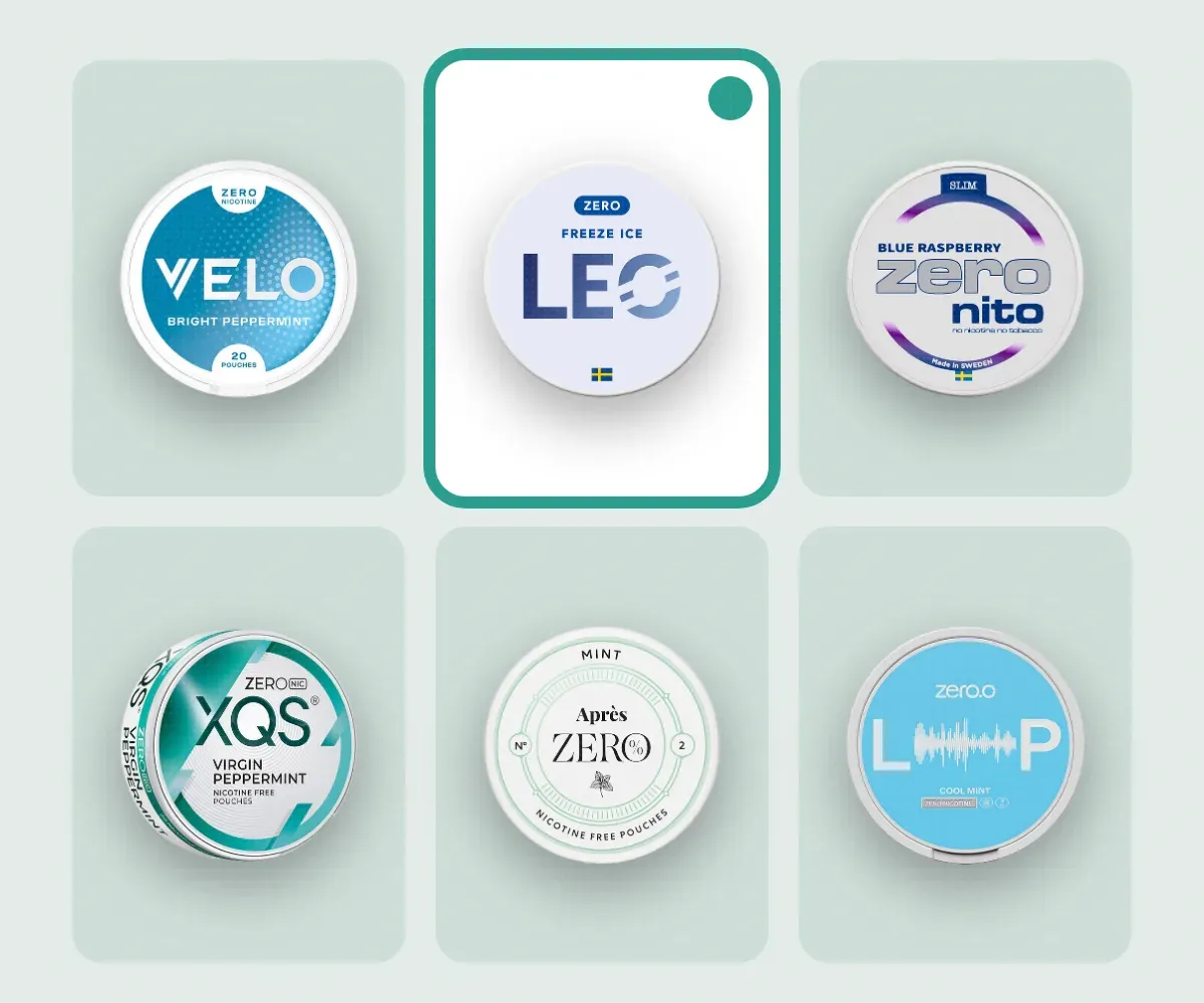 Six cans of nicotine-free pouches: VELO, LEO, Zeronito, XQS, Après Zero and LOOP