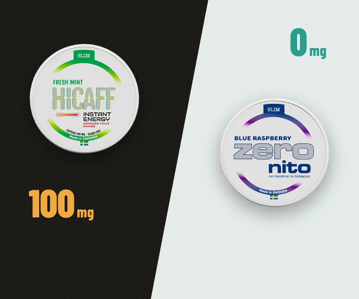 Eine Hicaff-Dose mit 100 mg Koffein neben einer Zeronito-Dose mit 0 mg