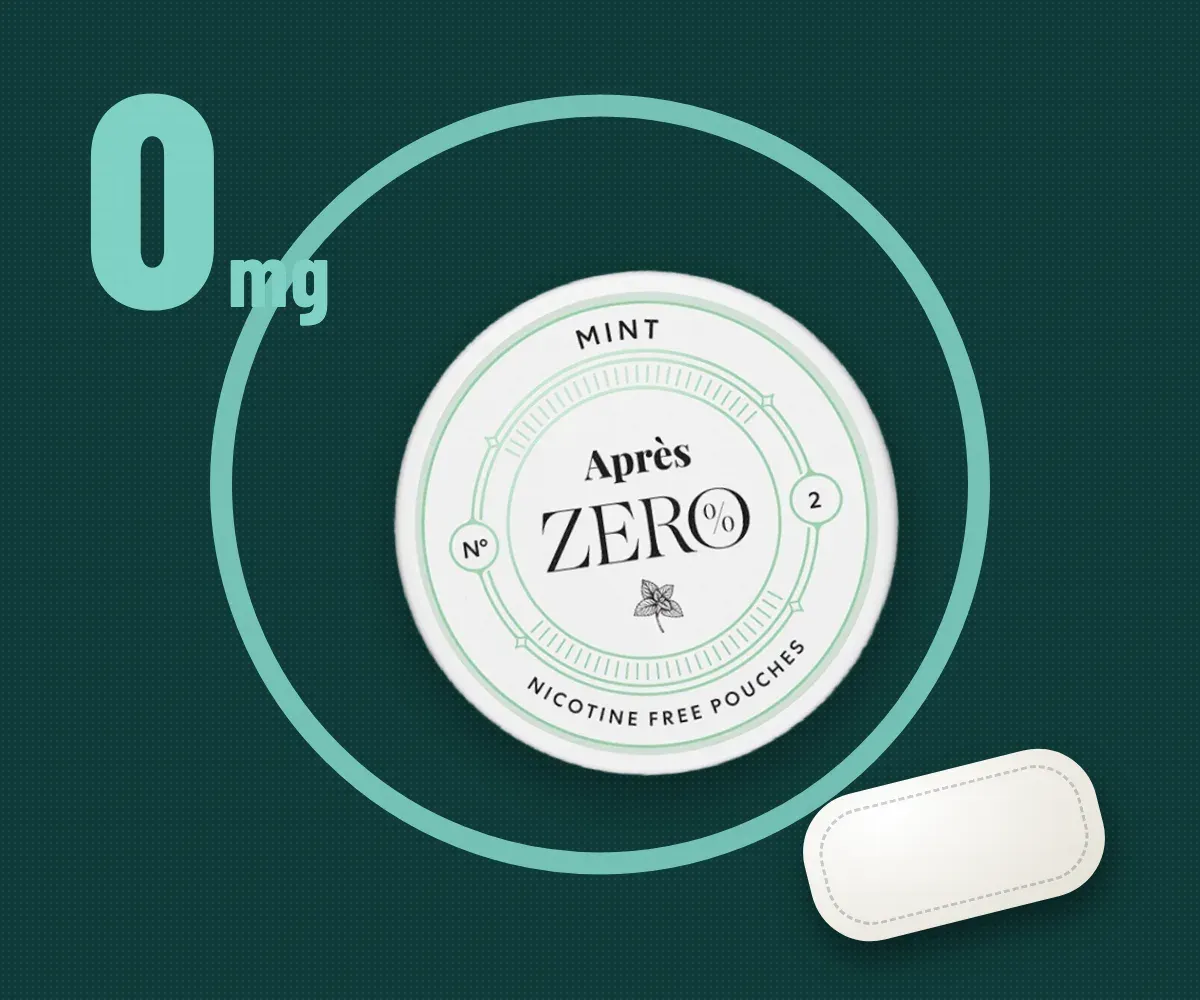 A can of Après Zero Mint nicotine-free pouches and a single pouch, with the figure 0 mg
